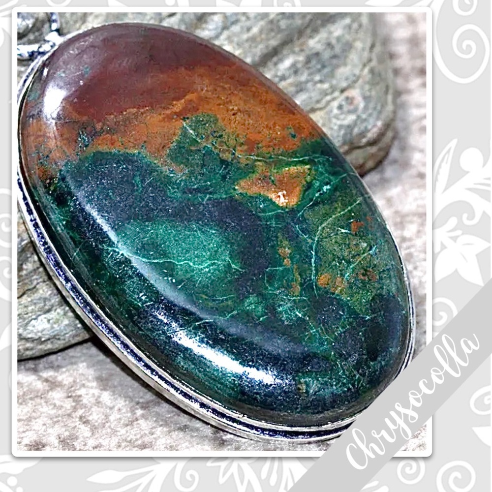 Chrysocolla Large Eclectic Silver Artisan Pendant 2.2β (Green, Teal, Rust Brown) - Picture 2 of 2
